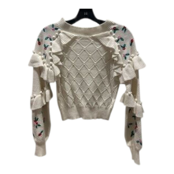 Glamorous Coquette Pointelle Knit Sweater with Embrodierd Flowers and Pom Poms - Picture 12 of 16